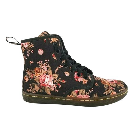 DR MARTENS Shoreditch Floral Mix Canvas Lace Low Boots Black Multi Womens Size 7 - Picture 1 of 10